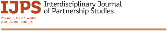 Logo: IJPS - Interdisciplinary Journal of Partnership Studies. It includes orange letters (IJPS and Volume 5, Issue 1
Winter, and link information: pubs.lib.umn.edu/ijps. Black letters spell out the name, all underlined in orange.