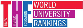Logo: The Times Higher Education World University Rankings, in 3 color vertical Letters which form letters THE
 embedded with the words Times Higher Education and 3 horizontal bars. Text in the horizontal bars read World University 
 Rankings. The three colors are Red, Magenta and Turquoise