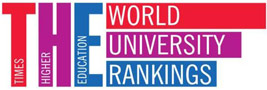 Logo: The Times Higher Education World University Rankings, in 3 color vertical Letters which form letters THE
 embedded with the words Times Higher Education and 3 horizontal bars. Text in the horizontal bars read World University 
 Rankings. The three colors are Red, Magenta and Turquoise