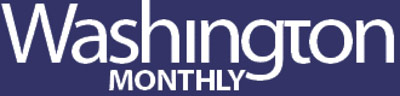 Logo: Washington Monthly Magazine. Navy blue background with title in white letters.