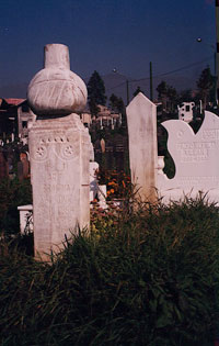 Muslim (dome on top) and Serb (wings of a dove) Gravestones in a cemetery in Sarajevo near the old Olympic Stadium, photo by author